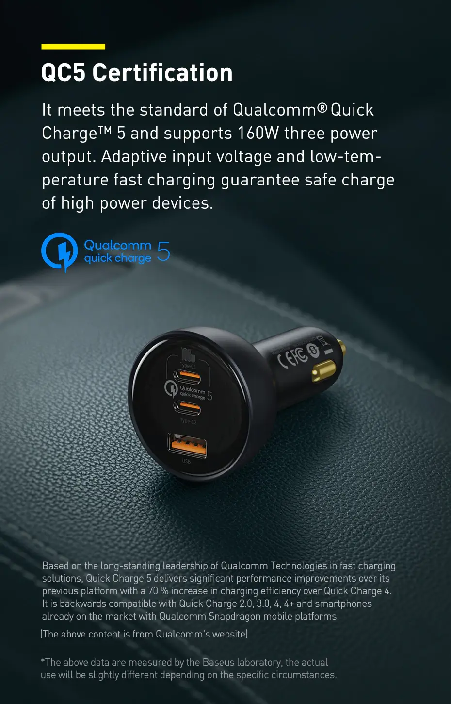Baseus TZCCZM-0G 160W Car Charger with Qualcomm Quick Charge 2C+U & 100W USB-C Cable