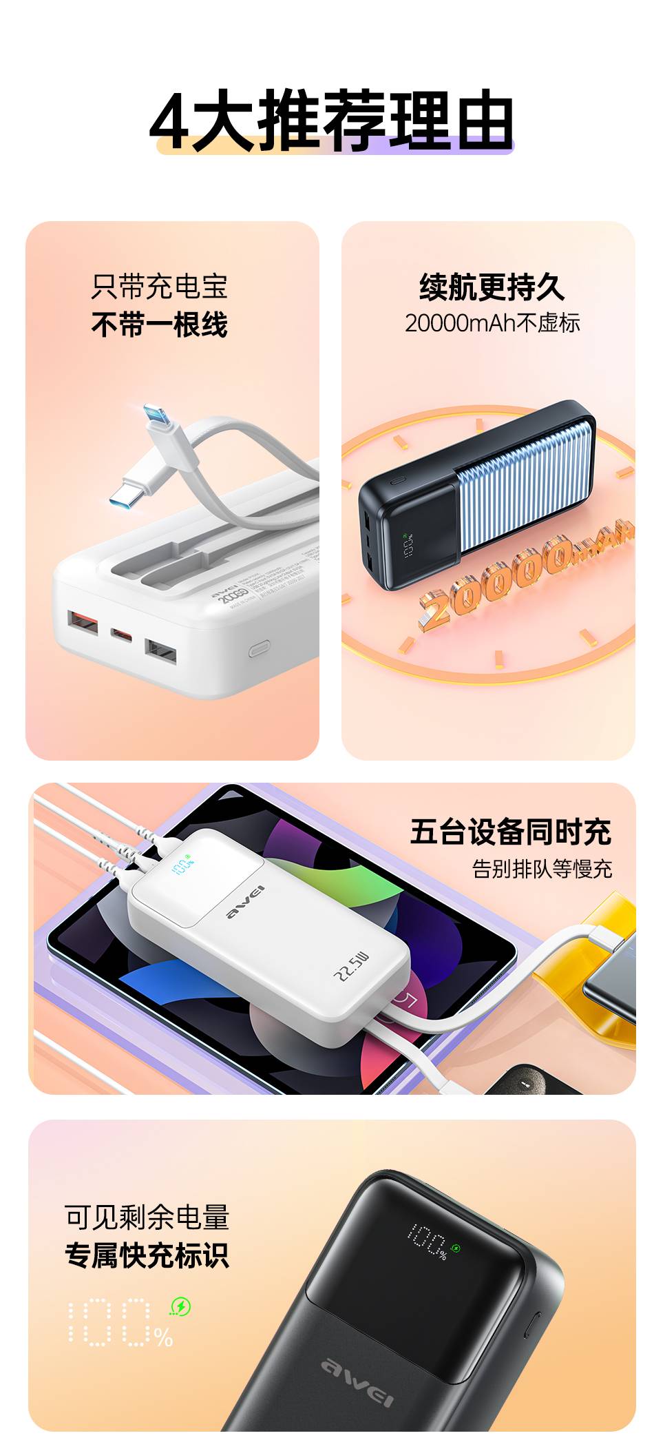 Awei P107K 20000mAh 22.5W PD+QC Fast Charging Power Bank with Digital Display