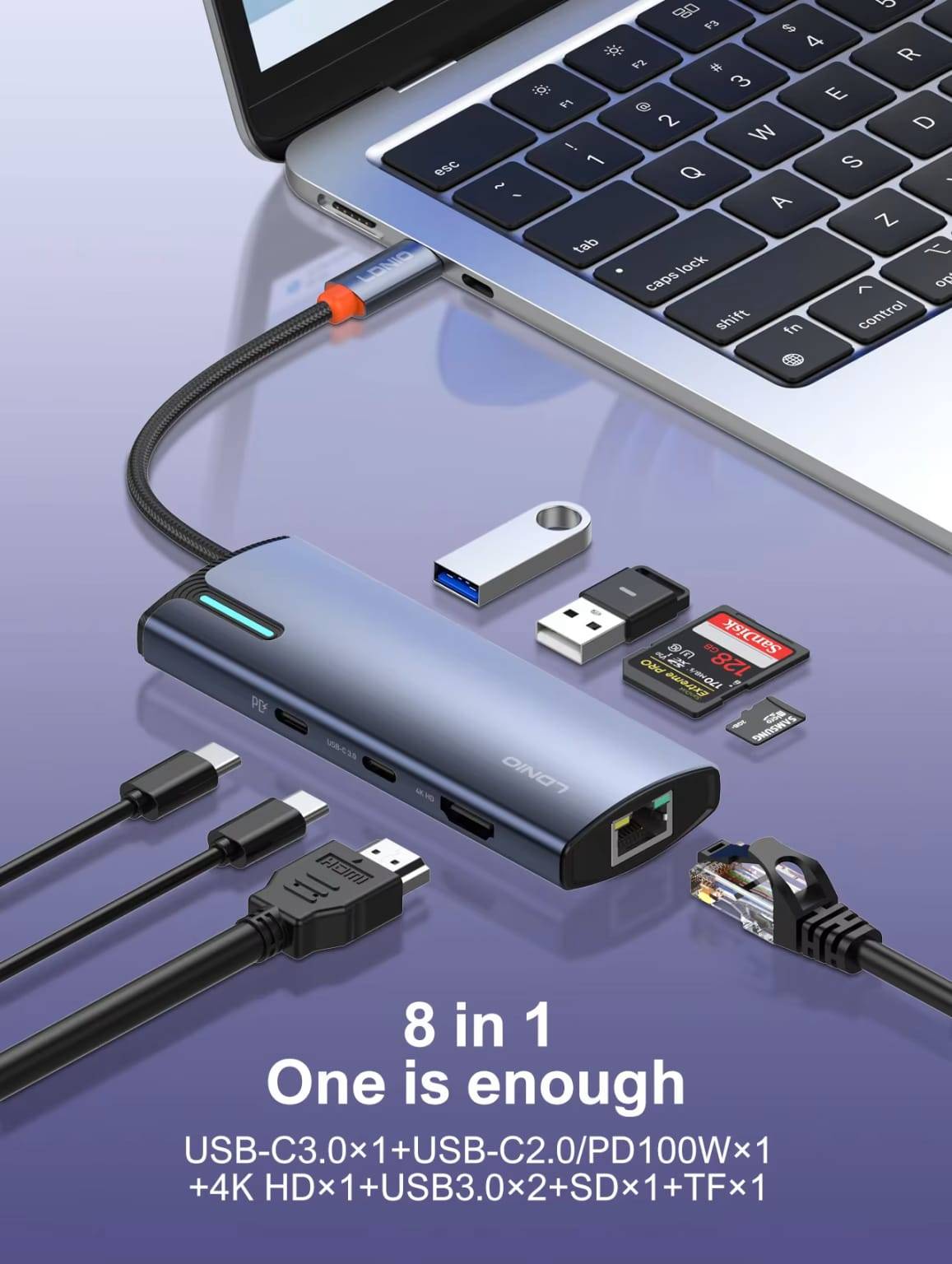 LDNIO DS-18H 8-in-1 USB-C Hub with 4K Display & 100W PD Charging Docking Station