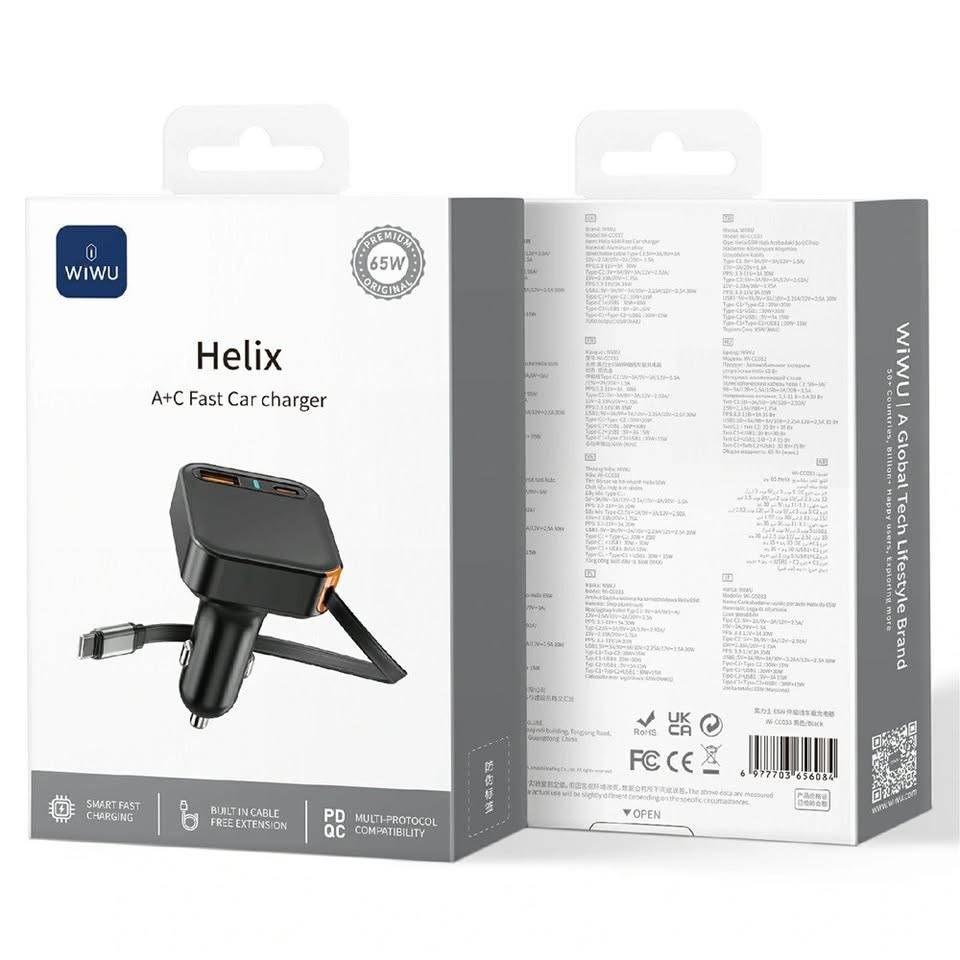 WIWU Wi-CC033 Helix 65W USB-A and USB-C Car Charger with Retractable USB-C Cable