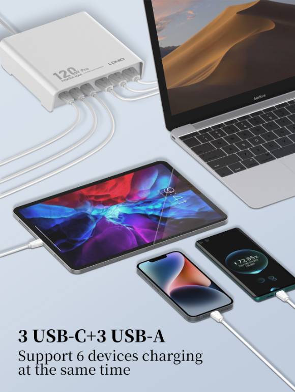 LDNIO Q605 120W 6-Port USB Charger (3 USB-C & 3 USB-A)