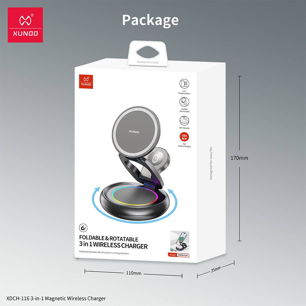 XUNDD XDCH-116 3-in-1 Foldable & Rotatable Wireless Charging Station 