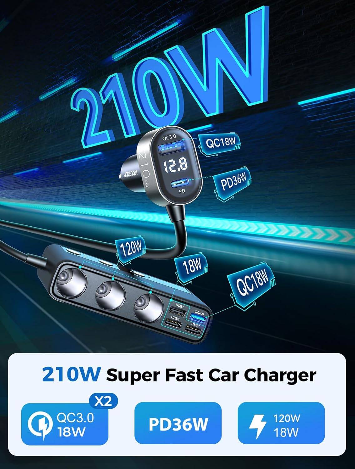 JOYROOM JR-CL06 9-in-1 210W Car Charger Adapter with PD/QC 3.0