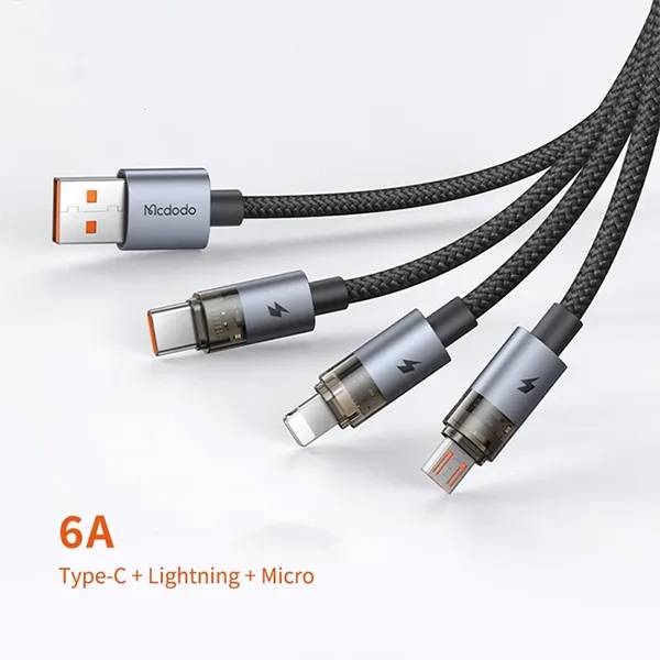 Mcdodo CA-7150 3-in-1 6A Transparent Fast Charging Cable with LED Indicator