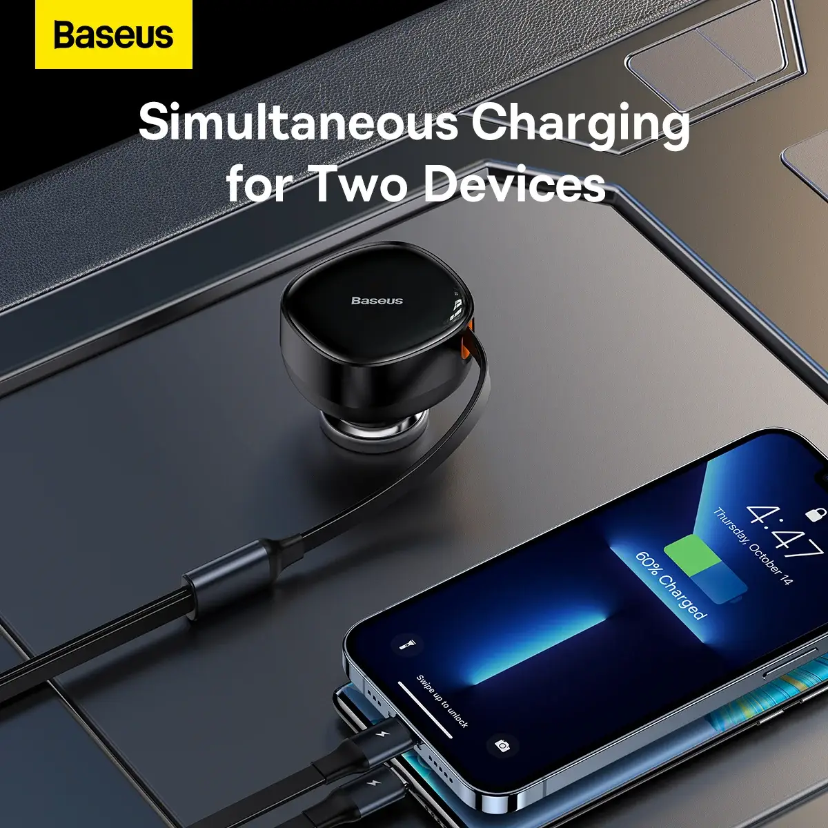 Baseus Enjoyment Series Retractable Car Charger Dual Output Type-C & Lightning 30W Fast Charging