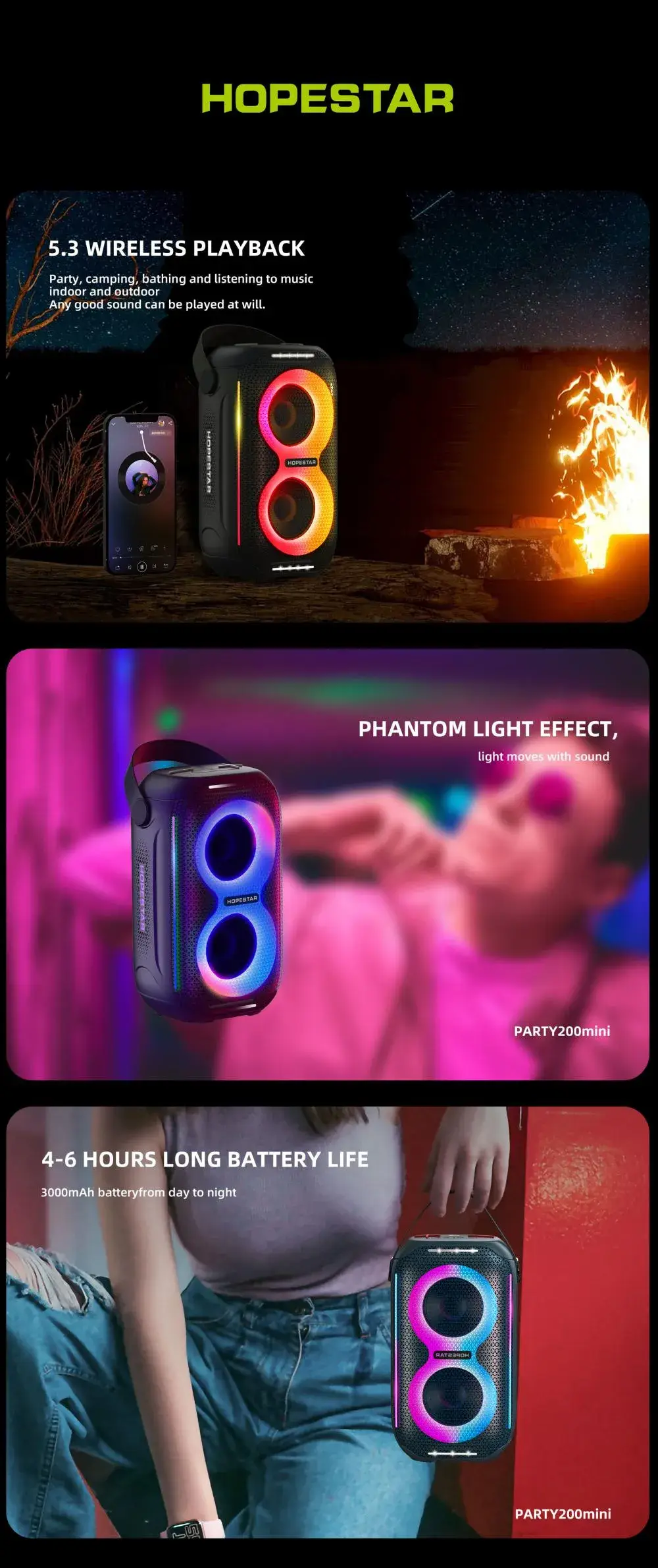Hopestar Party 200 Mini 20W Portable Bluetooth Wireless Speaker with Powerful Sound & RGB Lighting