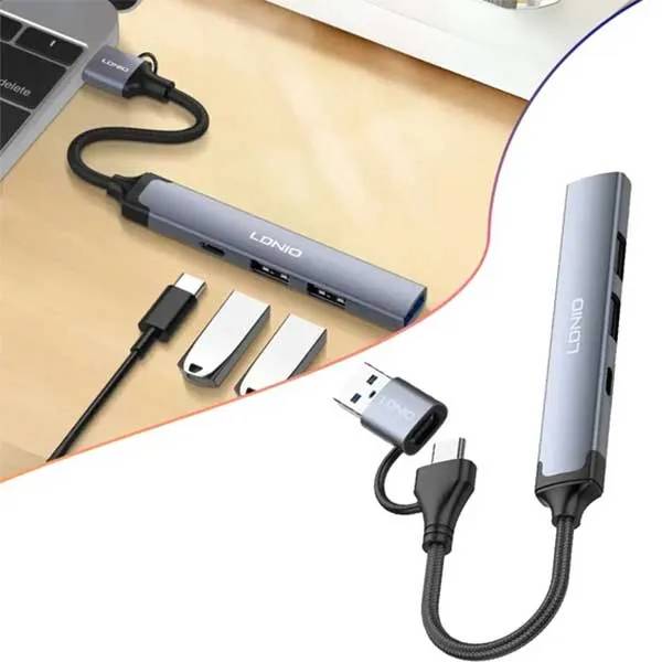 LDNIO DS-64C 4-in-1 USB & Type-C Hub Adapter with Dual Interface and High-Speed Expansion