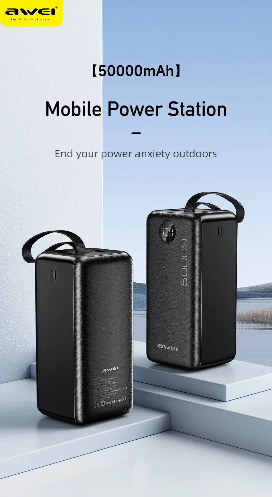 Awei P36K 50000mAh High-Capacity Power Bank with Fast Charging & Portable Design External Backup Battery