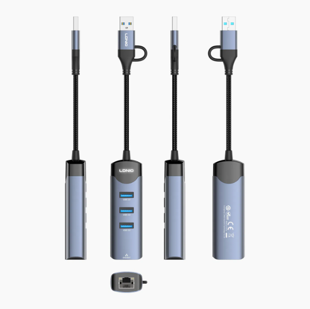 Ldnio DS-144UC USB-A & Type-C Hub 3× USB 3.0 Ports + 1× RJ45 Mobile Charging & Data Transfer