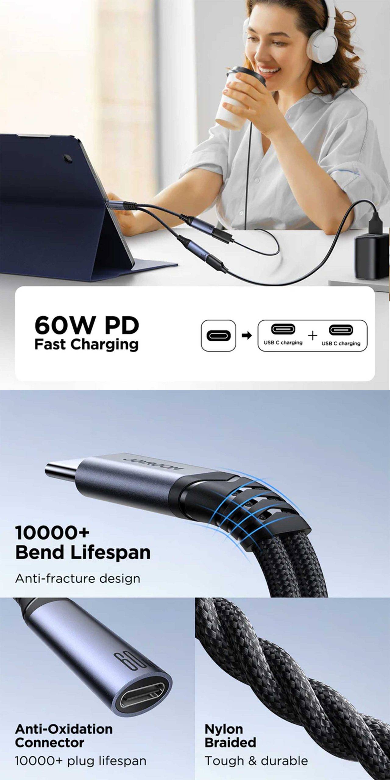 JOYROOM SY-C03 2-in-1 Type-C to Dual Type-C Audio Transfer Series & Charging Adapter