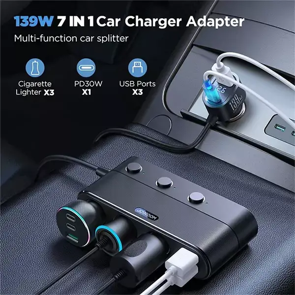Joyroom JR-CCL01 139W 7-in-1 Car Charger with Cigarette Lighter Splitter and Fast Charging Ports