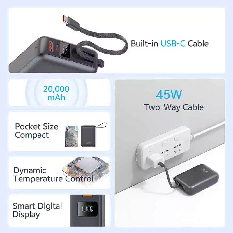 QCY PB20A 20000mAh 45W Power Bank with PD+QC3.0, Digital Display & Built-in USB-C Cable