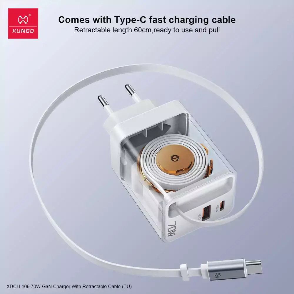 Xundd XDCH-109 70W GaN Fast Charger with Built-in Retractable Charging Cable