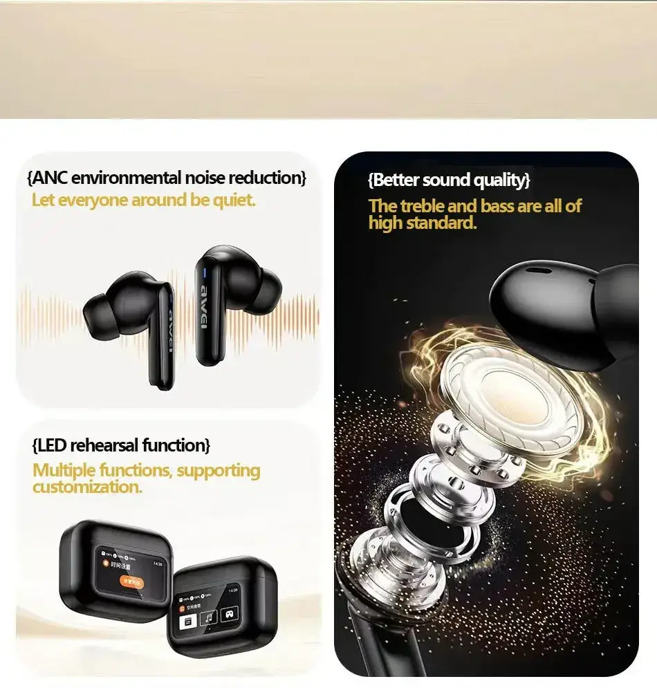 Awei T56 True Wireless Earbuds with ANC and Touch LCD Display