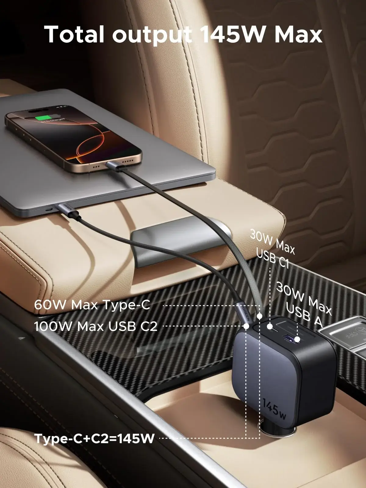 UGREEN EC604 145W Retractable Car Charger with Built-in USB-C Cable