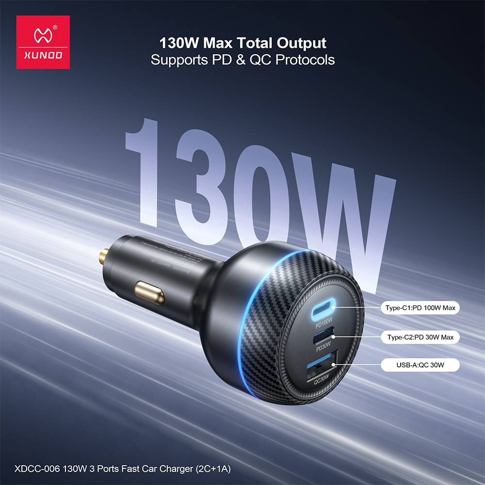 XUNDD XDCC-006 130W Dual USB-C & USB-A 3-Port Fast Car Charger