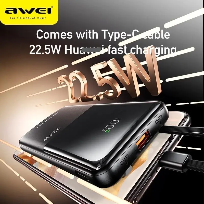 Awei P76K 10000mAh Power Bank 22.5W Fast Charging with Dual Cables & Digital Display