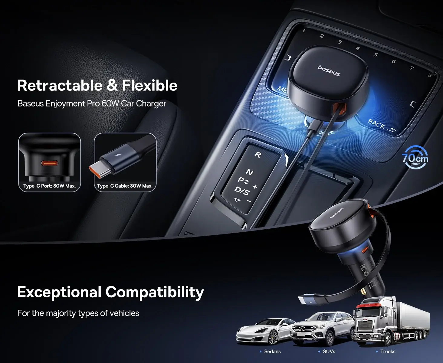 Baseus Enjoyment Pro 60W Retractable USB-C Car Charger