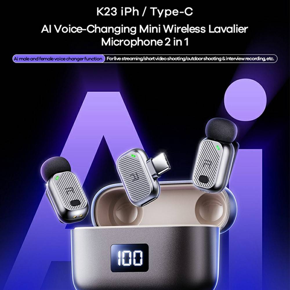REMAX K23 AI Voice Changer Mini Wireless Lavalier Microphone 2-in-1 Set with Type-C Connector