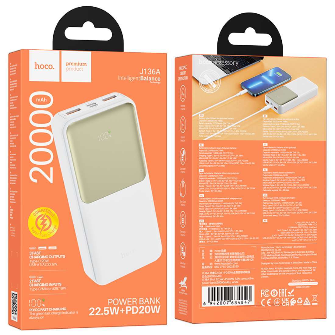 HOCO J136A 20000mAh Power Bank 22.5W Fast Charging Dual Output with LED Display