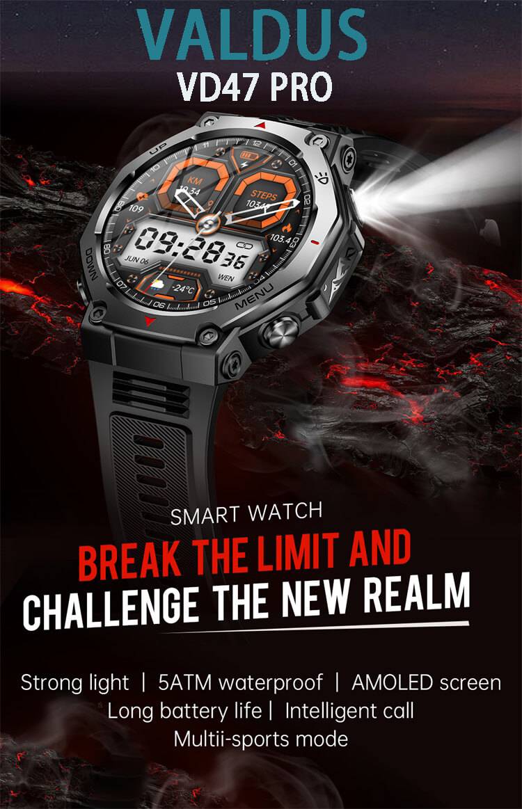 Valdus VD47 Pro Smartwatch 1.43″ AMOLED 5ATM Waterproof Built-In Flashlight