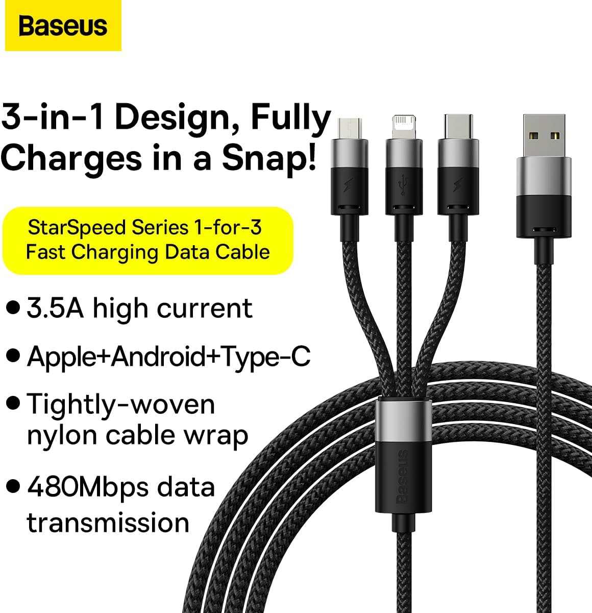 Baseus StarSpeed Series 3-in-1 USB Cable USB-C + Micro-USB + Lightning 3.5A Fast Charging 1.2m