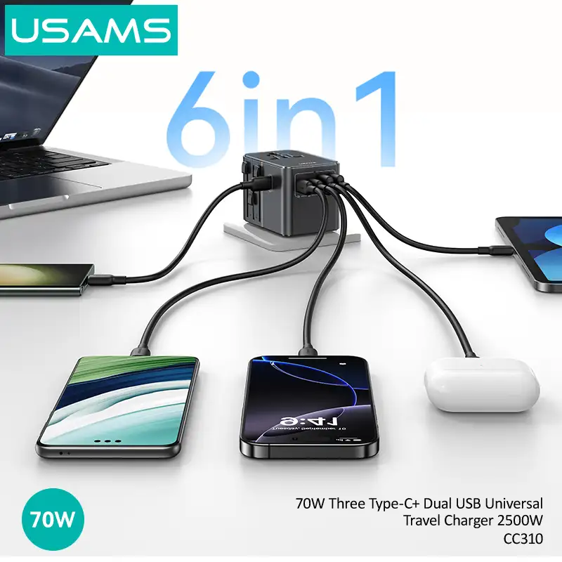USAMS CC310 70W Universal Travel Adapter with Triple Type-C & Dual USB-A Ports