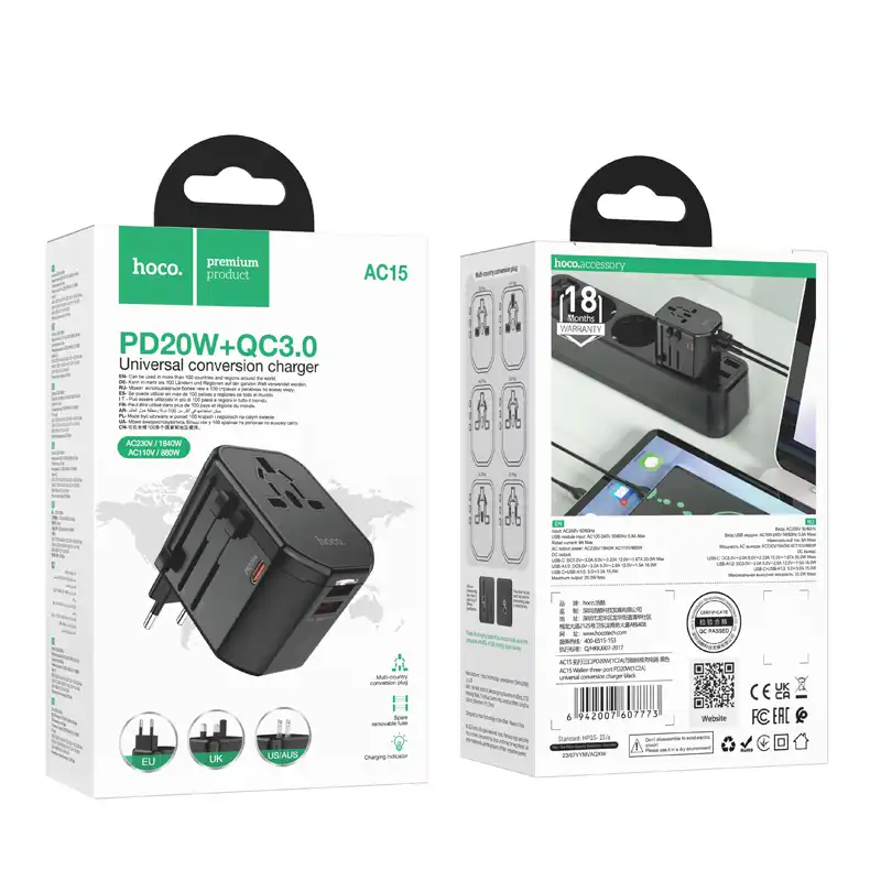 Hoco AC15 Walker Universal Conversion Charger with 20W PD & 2 USB Ports (3-Port)
