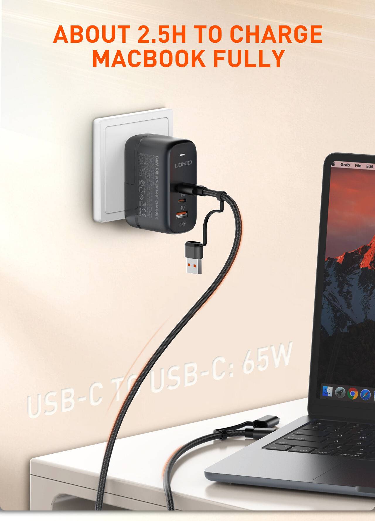 LDNIO LC16 65W 4-in-1 Fast Charging Cable USB-C & Lightning to USB-A/USB-C 1.2M
