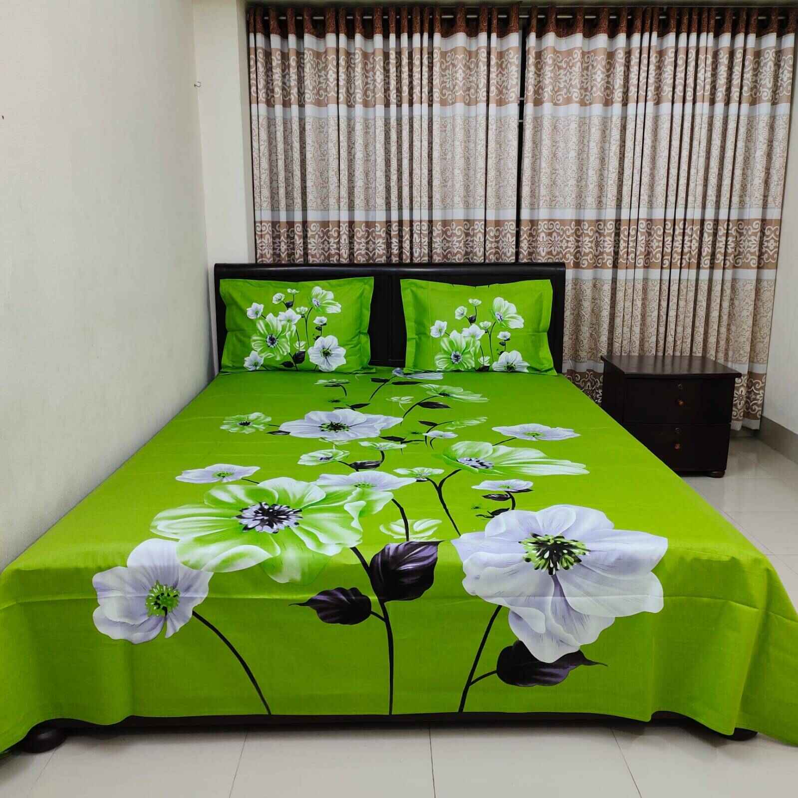 100% Cotton Green Bedsheet (Kakrol)  (৩ পিসের সেট)