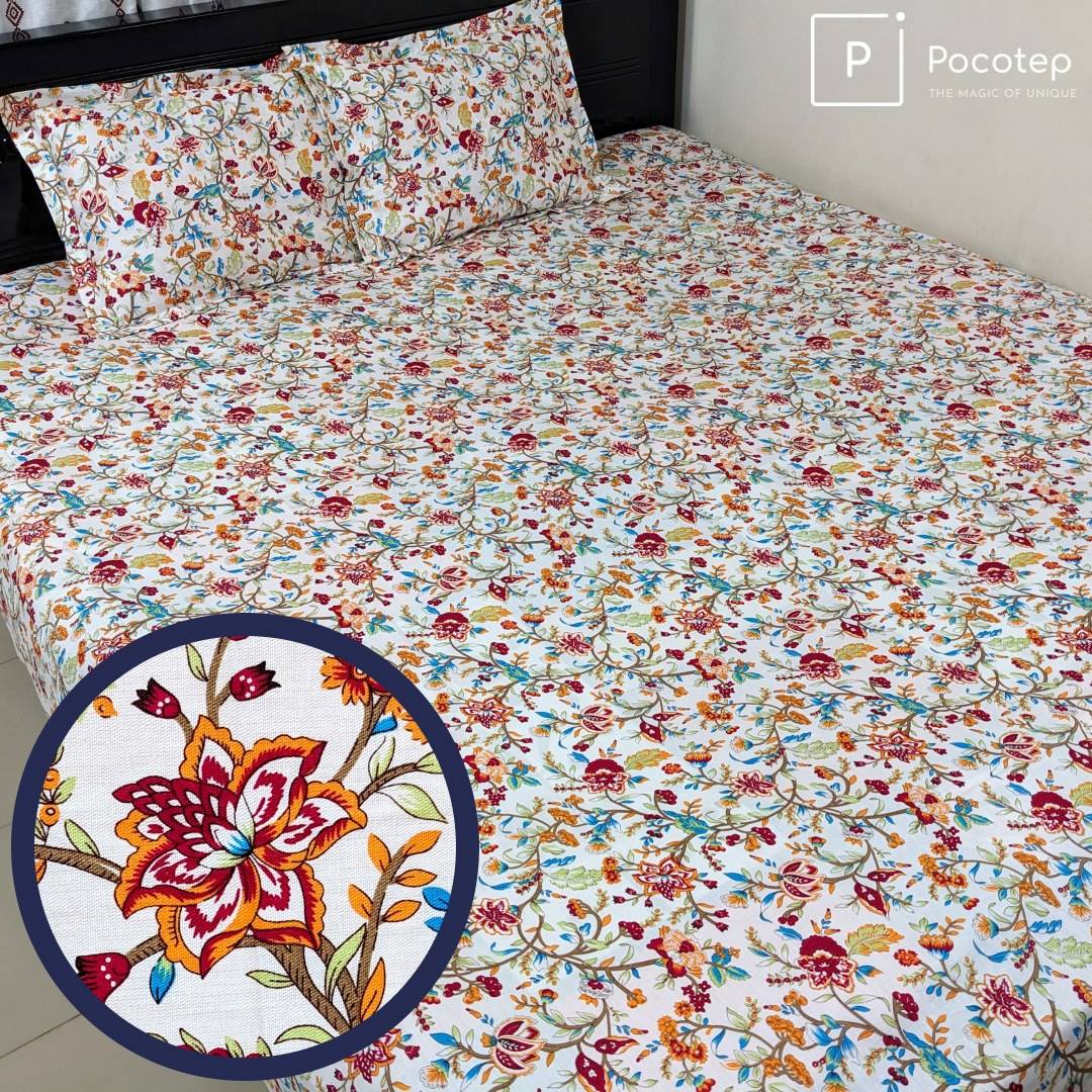 Double Size 100% Cotton Bed Sheet- (White Small Flower)  (৩ পিসের সেট)