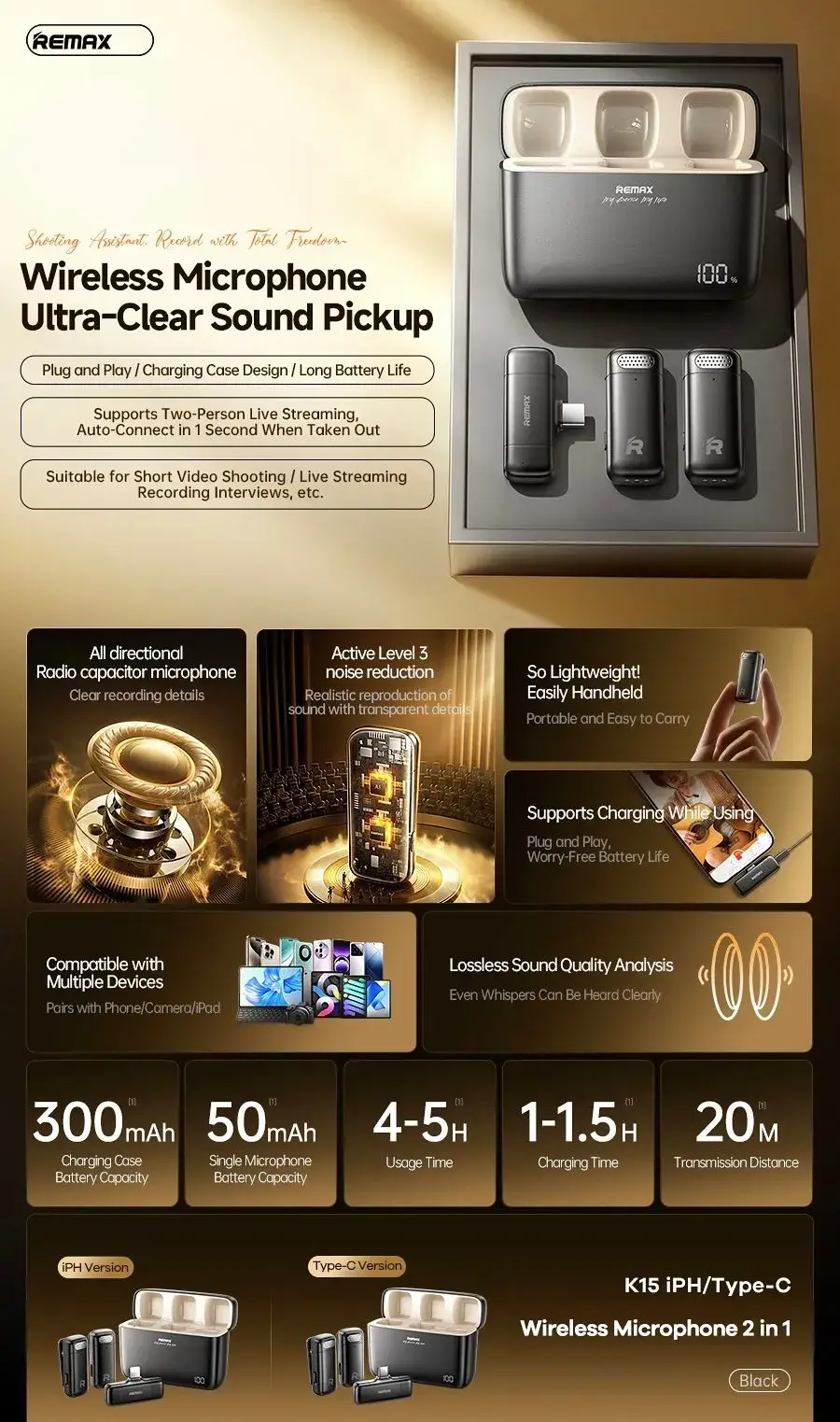 REMAX K15 Dual Type-C & Lightning Wireless Microphone