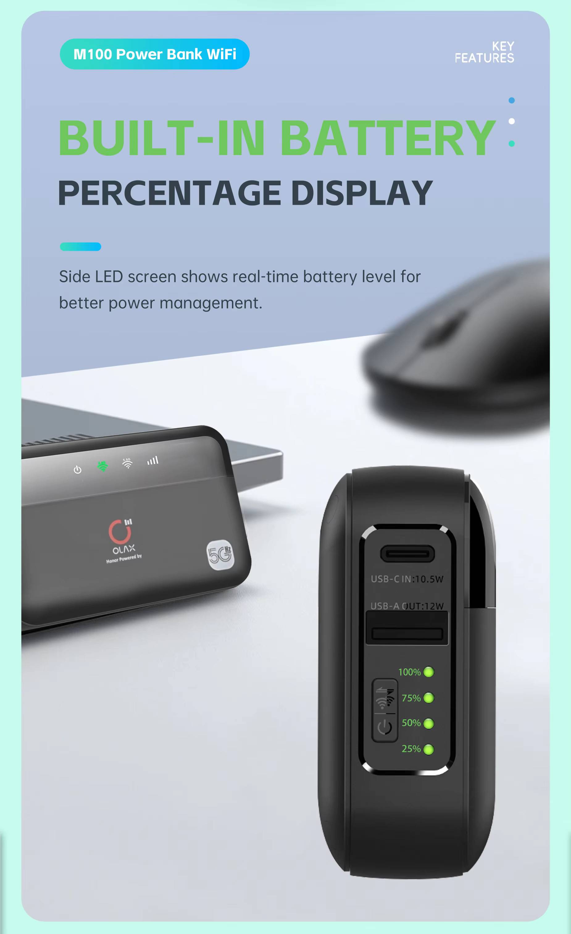 OLAX M100 4G/5G Pocket Router with Wi-Fi 6 and 10000mAh Battery