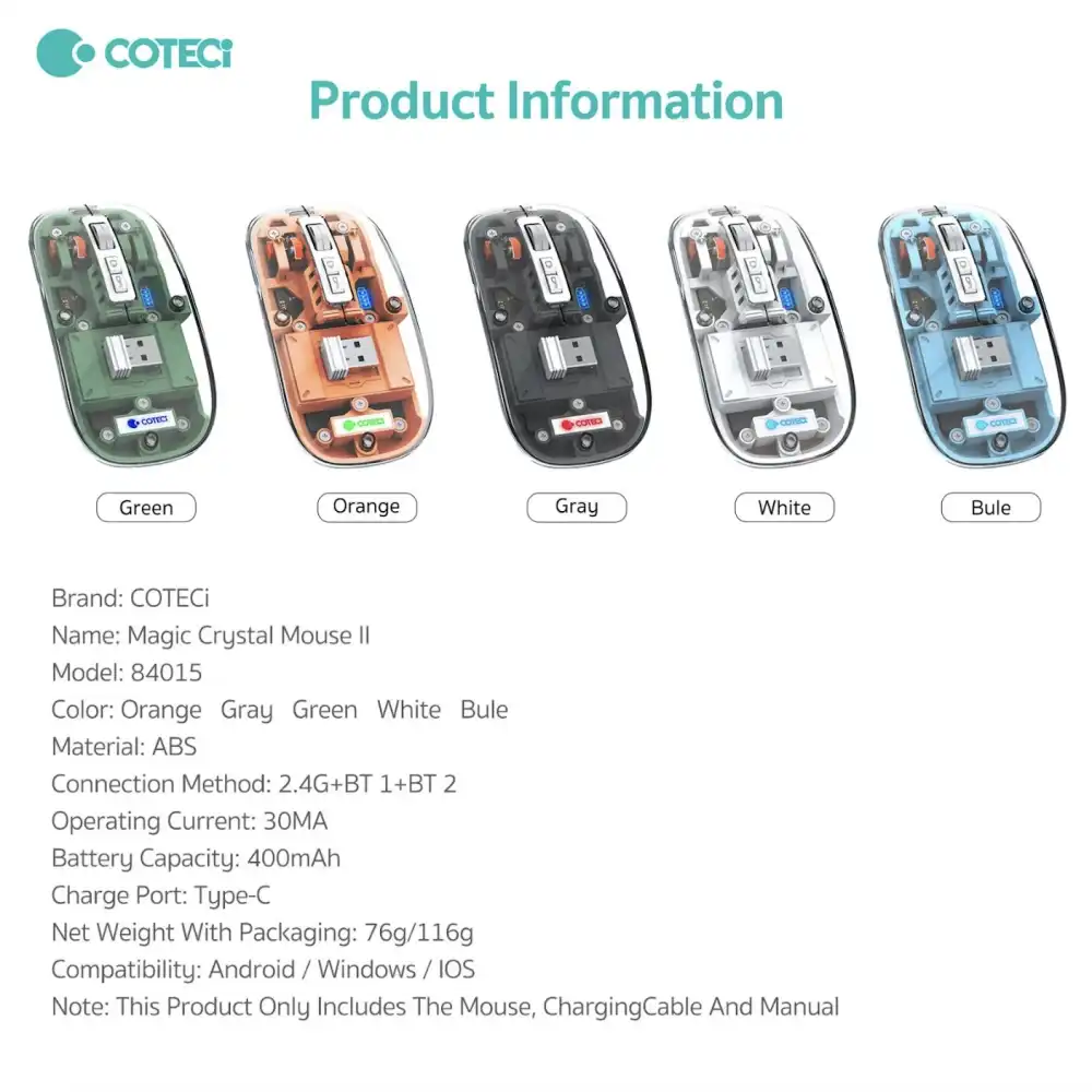 COTECi 84015-GY Transparent Wireless Bluetooth Mouse