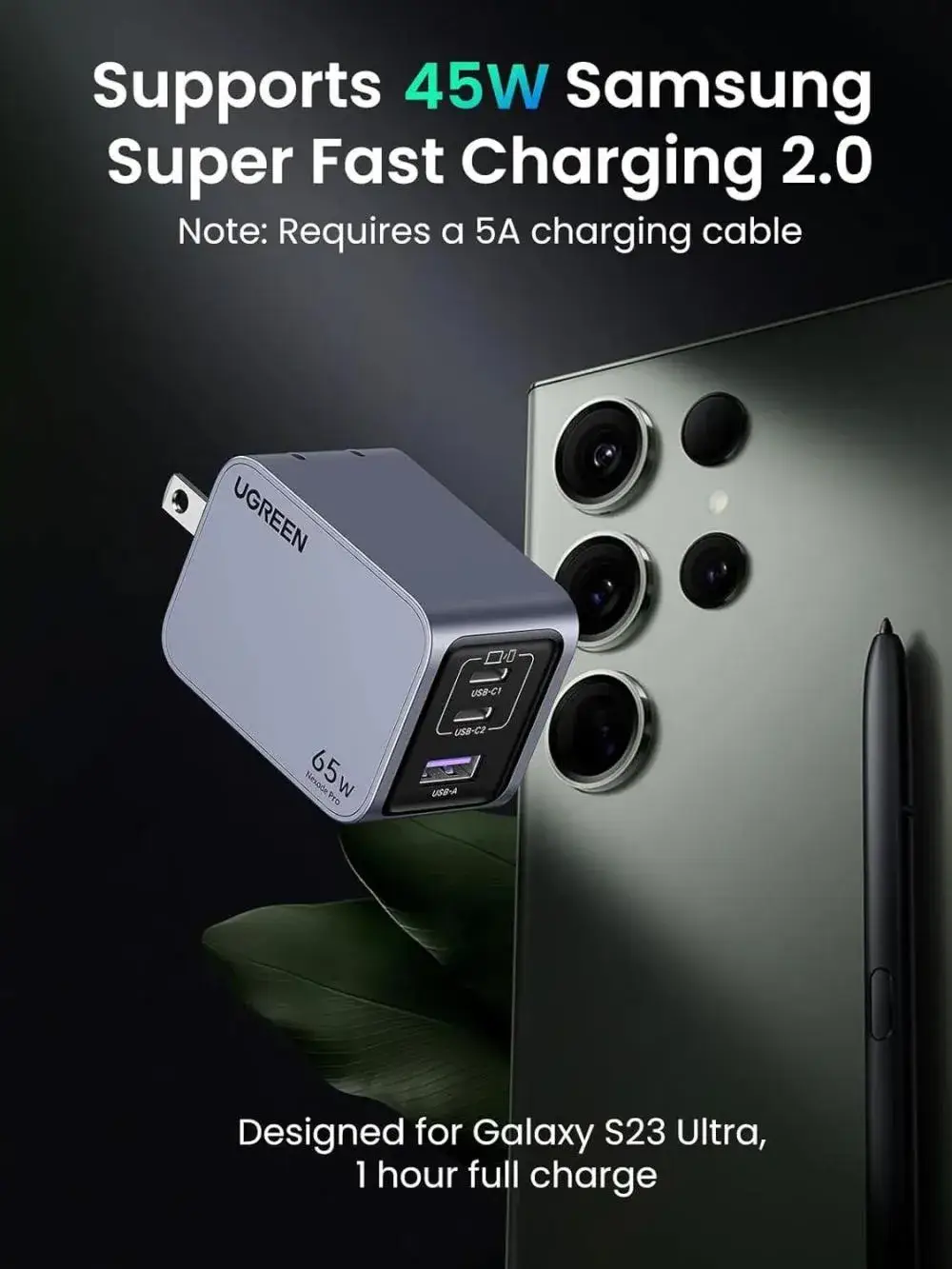 UGREEN Nexode Pro X755 65W 3-Port GaN Fast Wall Charger with Foldable Plug USB-C & USB-A Charger
