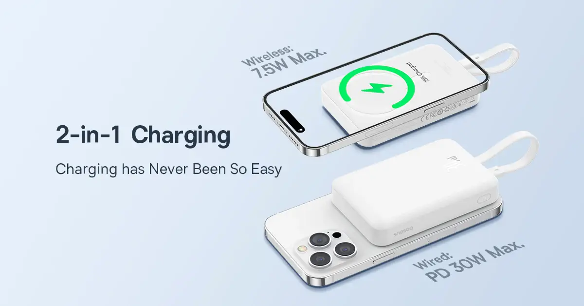 Baseus 30W Magnetic Mini Power Bank 10000mAh with Built in USB C Cable Wireless & Wired Charging