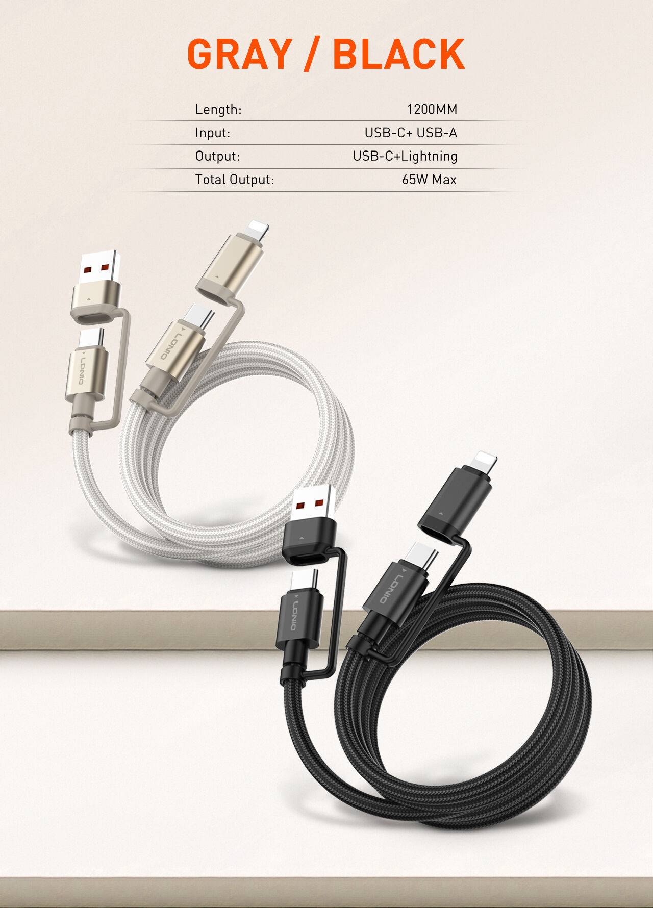 LDNIO LC16 65W 4-in-1 Fast Charging Cable USB-C & Lightning to USB-A/USB-C 1.2M
