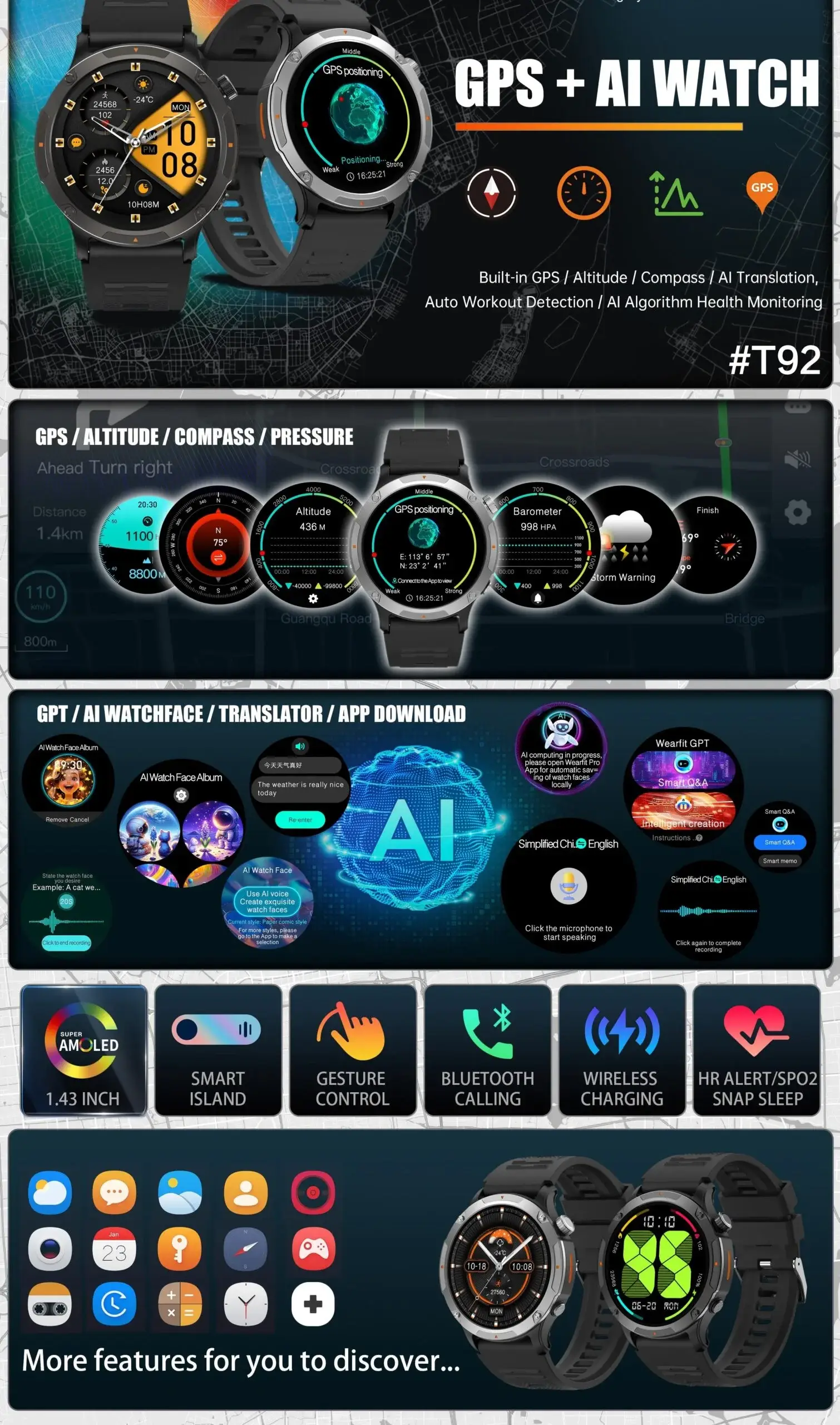 KFI GTR Rugged Type 1.43’’ HD Amoled Display Dual Strap Bluetooth Calling Smartwatch