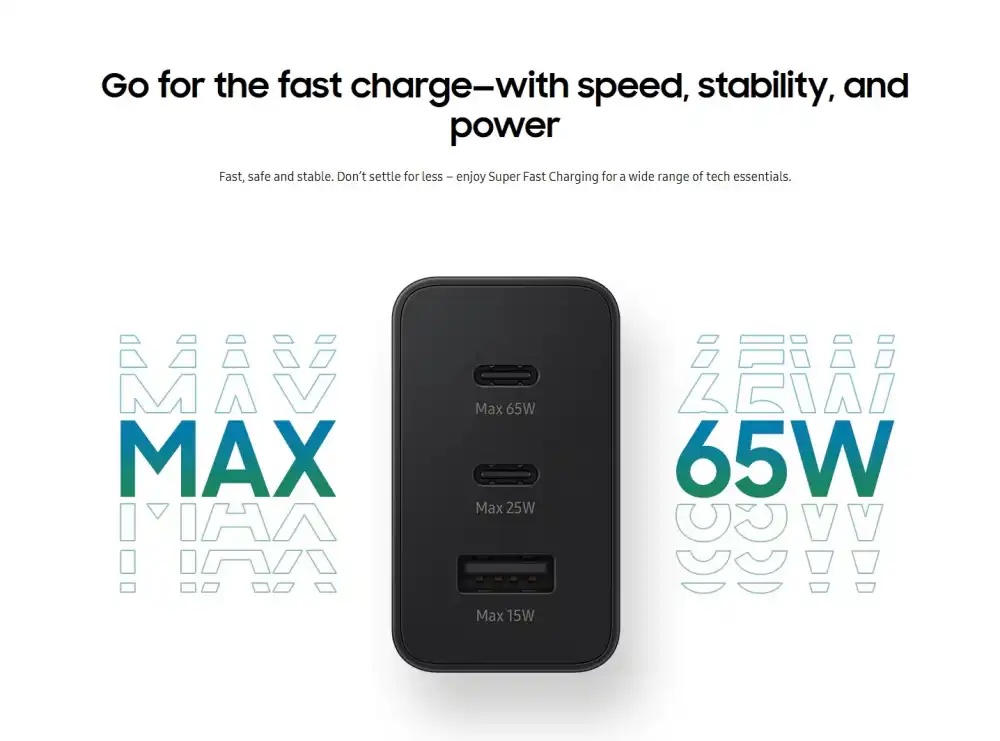 Samsung EP-T6530 65W PD Power Adapter Trio with USB-A & Dual USB-C Ports