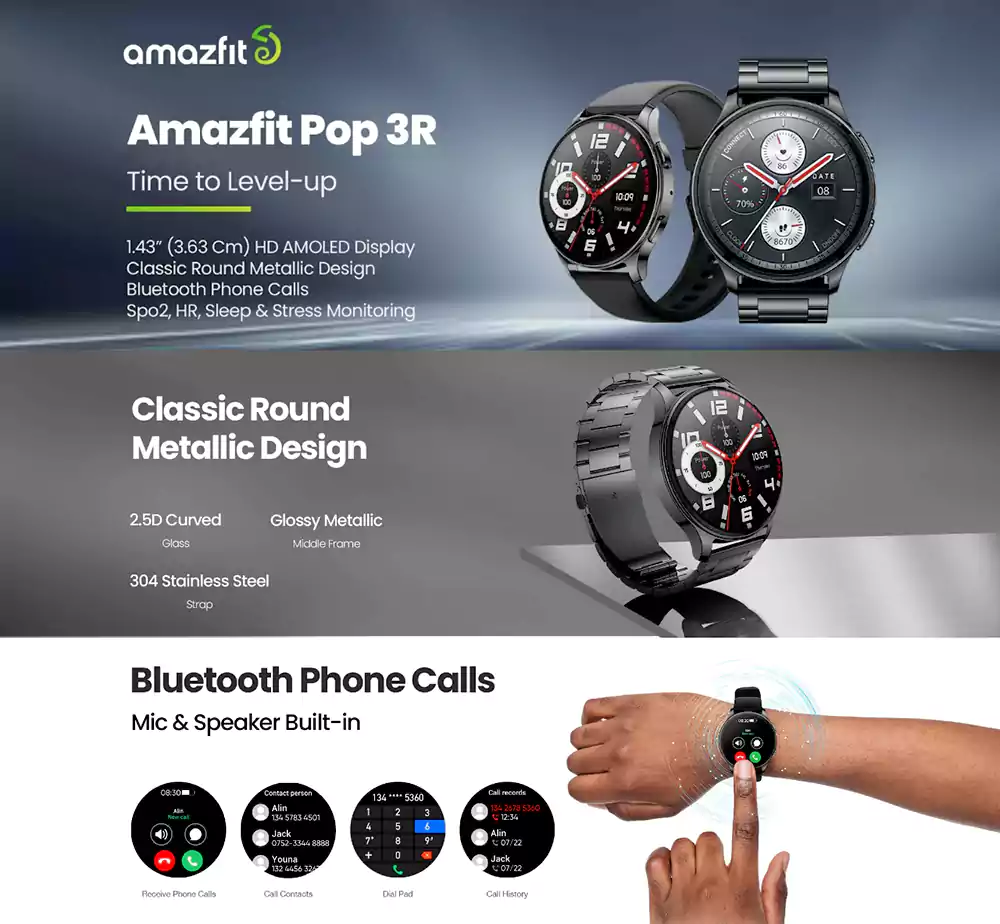 Amazfit Pop 3R Smartwatch 1.43″ AMOLED Display with Bluetooth Calling