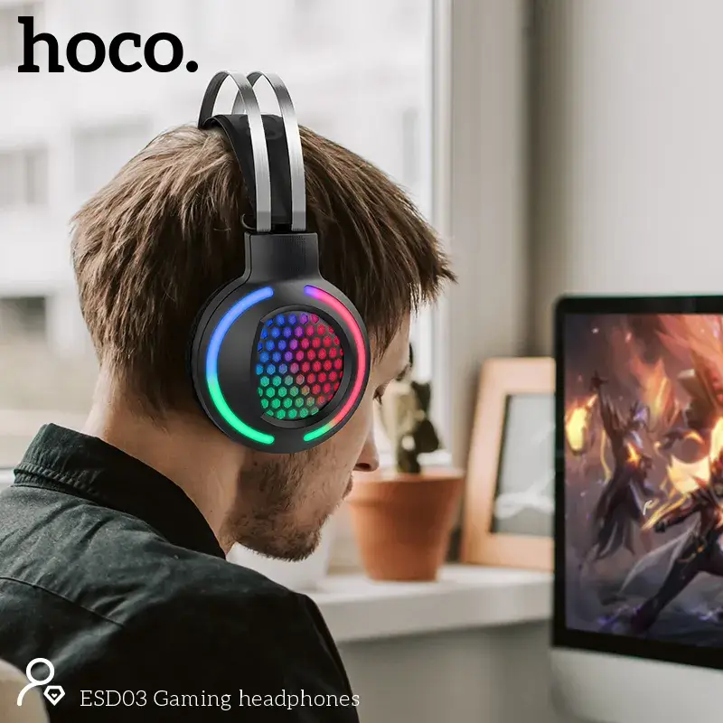 Hoco ESD03 Wired RGB Lighting and Noise-Cancelling Microphone Gaming Headphones