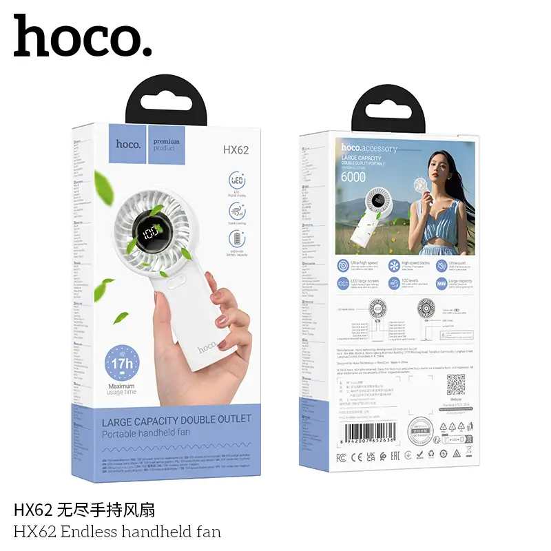 Hoco HX62 Portable Handheld Fan 6000mAh Rechargeable Battery, High-Speed Cooling
