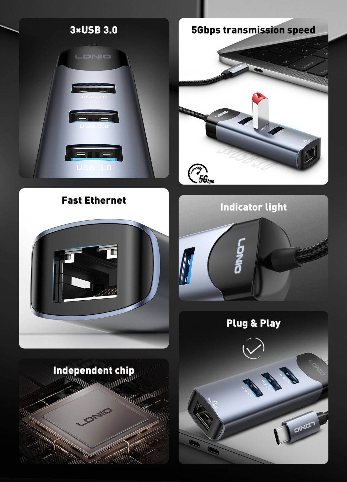 LDNIO DS-144C 4-in-1 USB-C Hub Adapter with Multi-Port Expansion