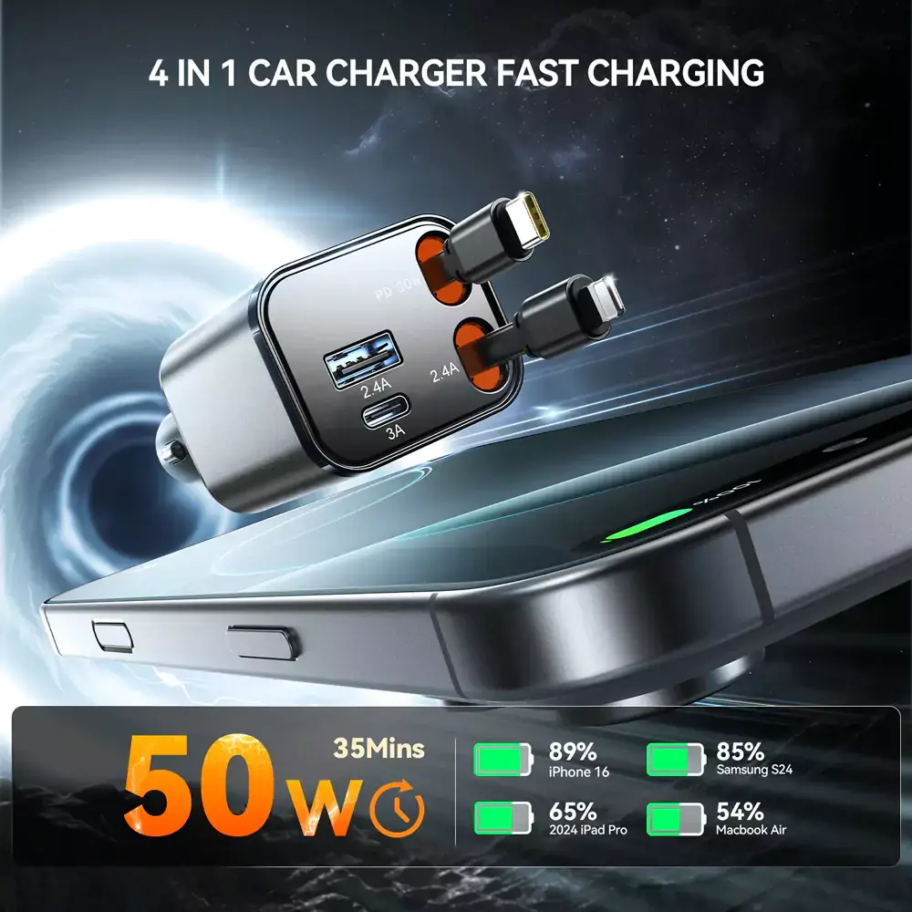 JOYROOM JR-CCL05 30W 4-in-1 Retractable Multi-Cable Fast Charging Car Charger