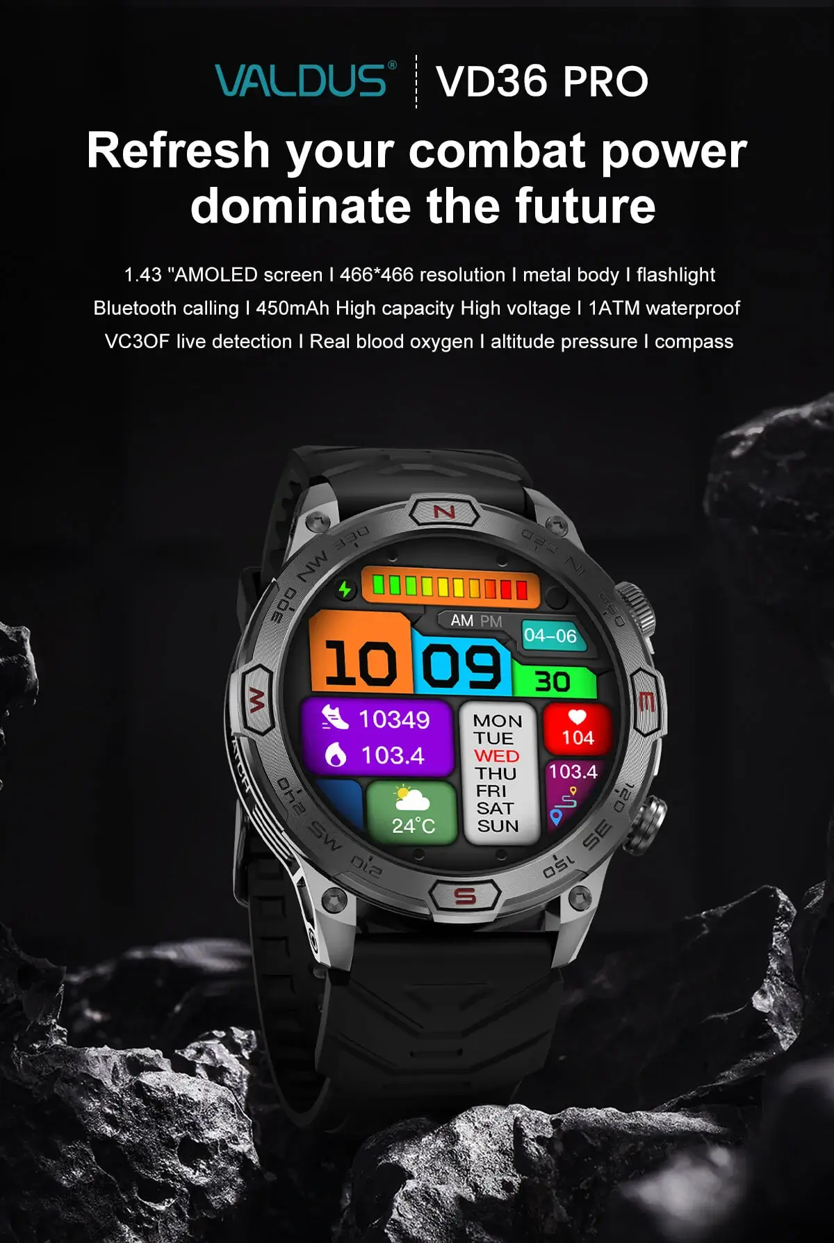 Valdus VD36 Pro Rugged Men Outdoor Smartwatch