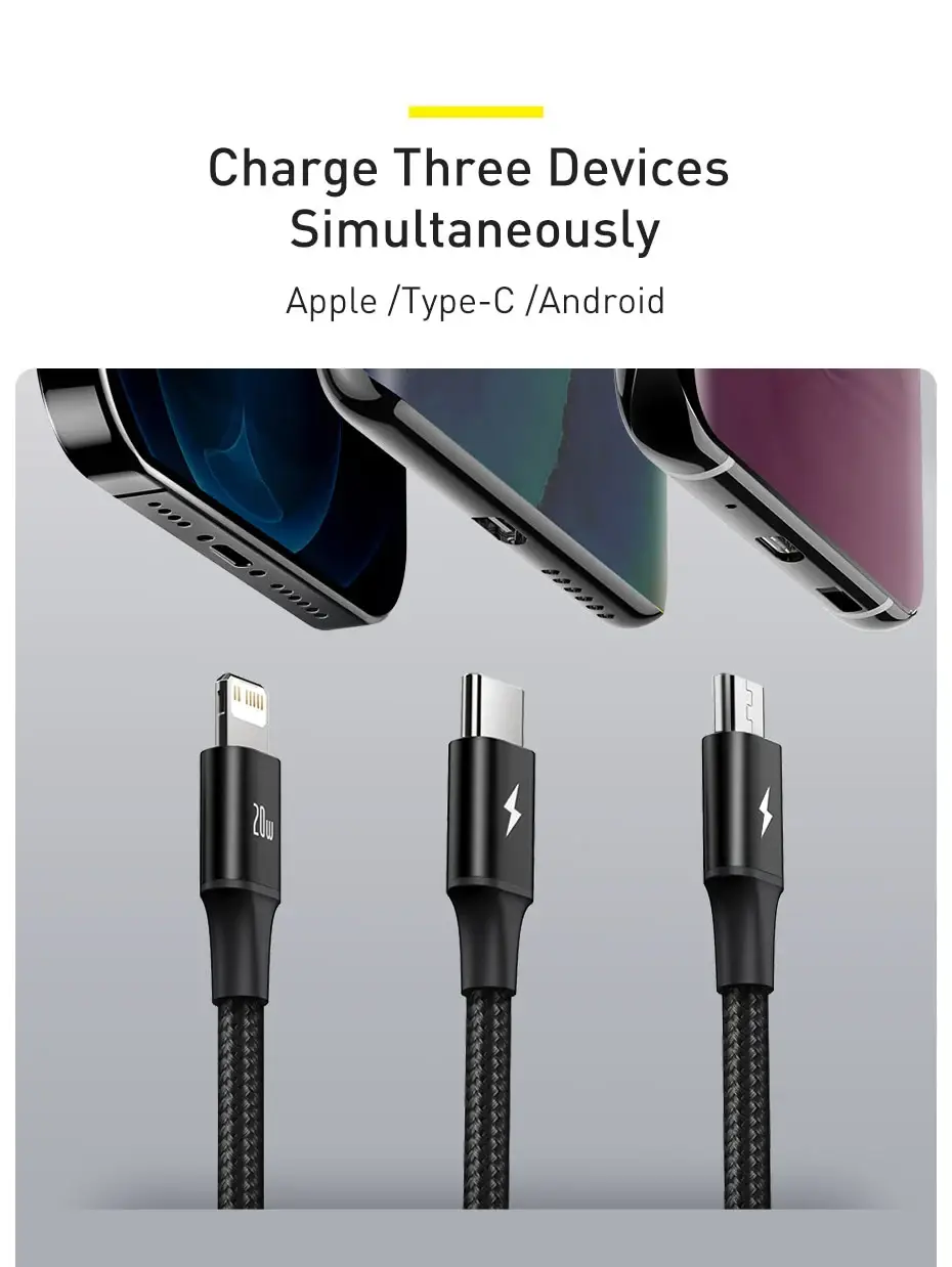 Baseus Rapid Series 3-in-1 Fast Charging Data Cable 20W PD Type C Micro USB Apple Cable