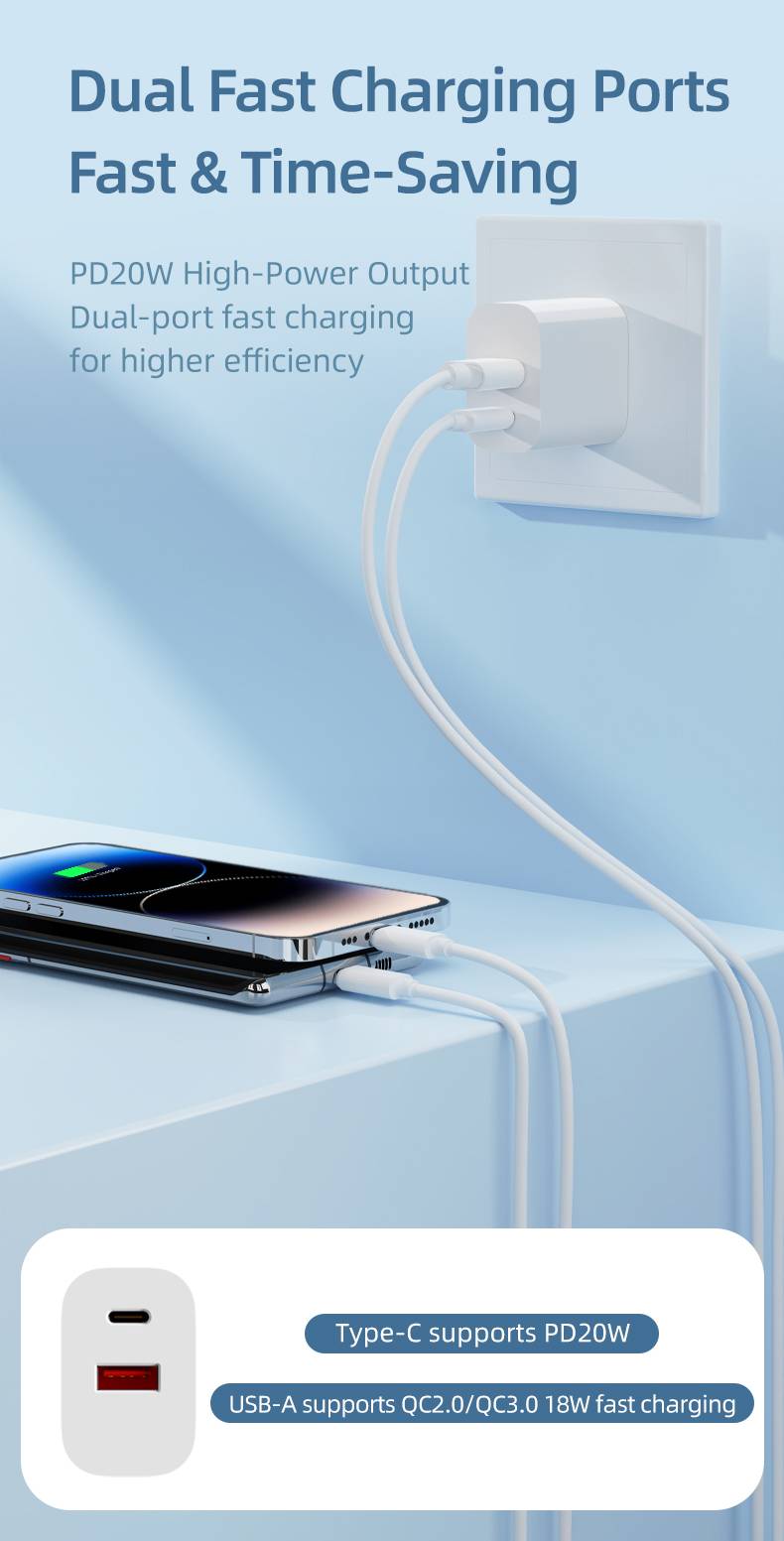 ROCK T43 USB-A & USB-C Dual-Port PD 20W Travel Fast Charger