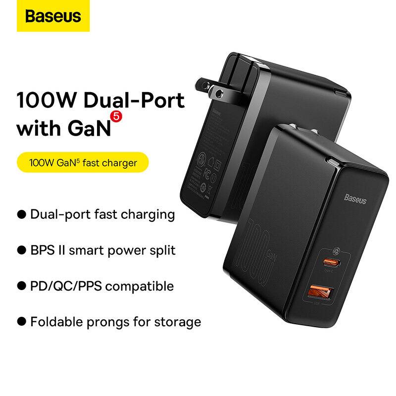 Baseus GaN5 Pro 100W Fast Charger Type-C & USB-A Dual Output with 1m 100W Type-C to Type-C Cable