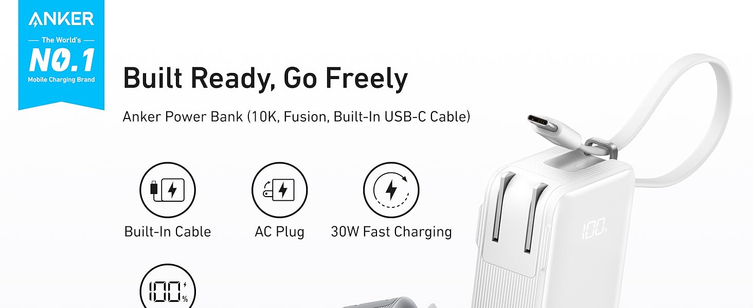 Anker A1637 Fusion 10000mAh 30W Power Bank with Built-in USB-C Cable