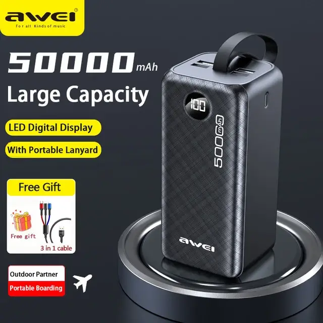 Awei P36K 50000mAh High-Capacity Power Bank with Fast Charging & Portable Design External Backup Battery